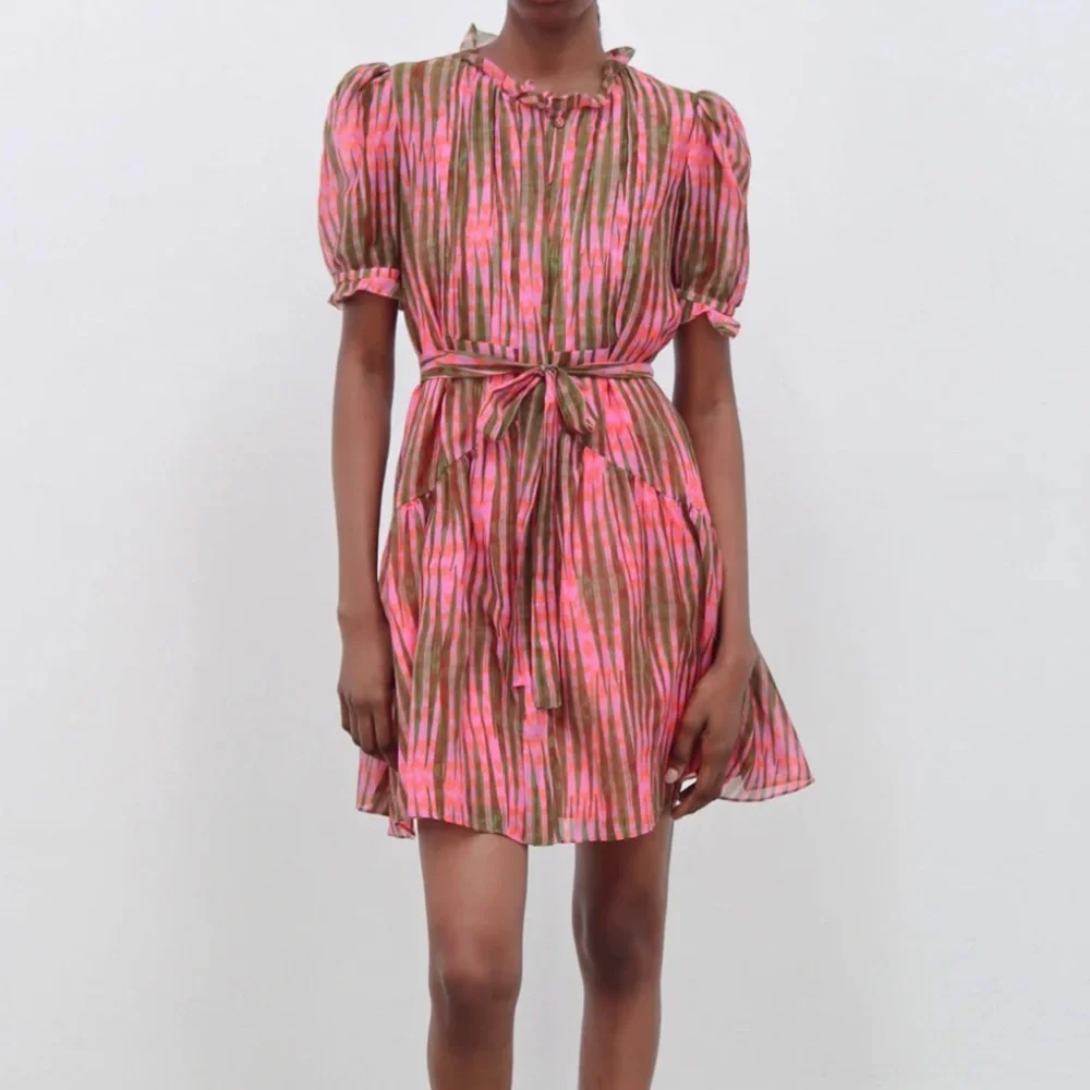 SALONI Penny Mini Dress Cotton Silk Pleated Bib Tide Olive - Picture 2 of 4